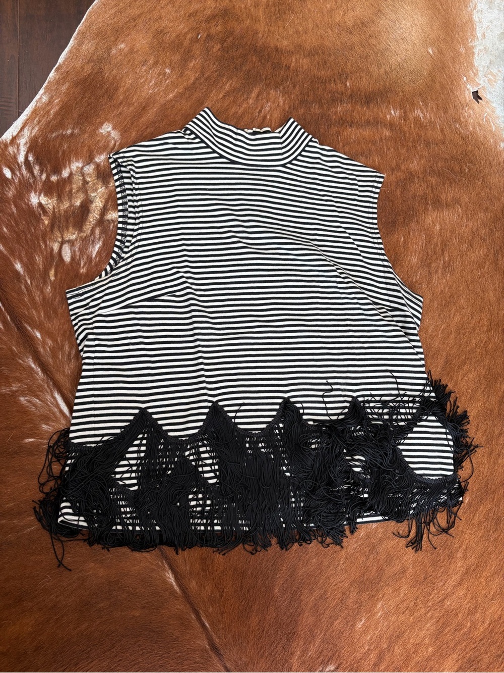 Marc Jacobs Black & White Striped Fringe Mock Neck Tank